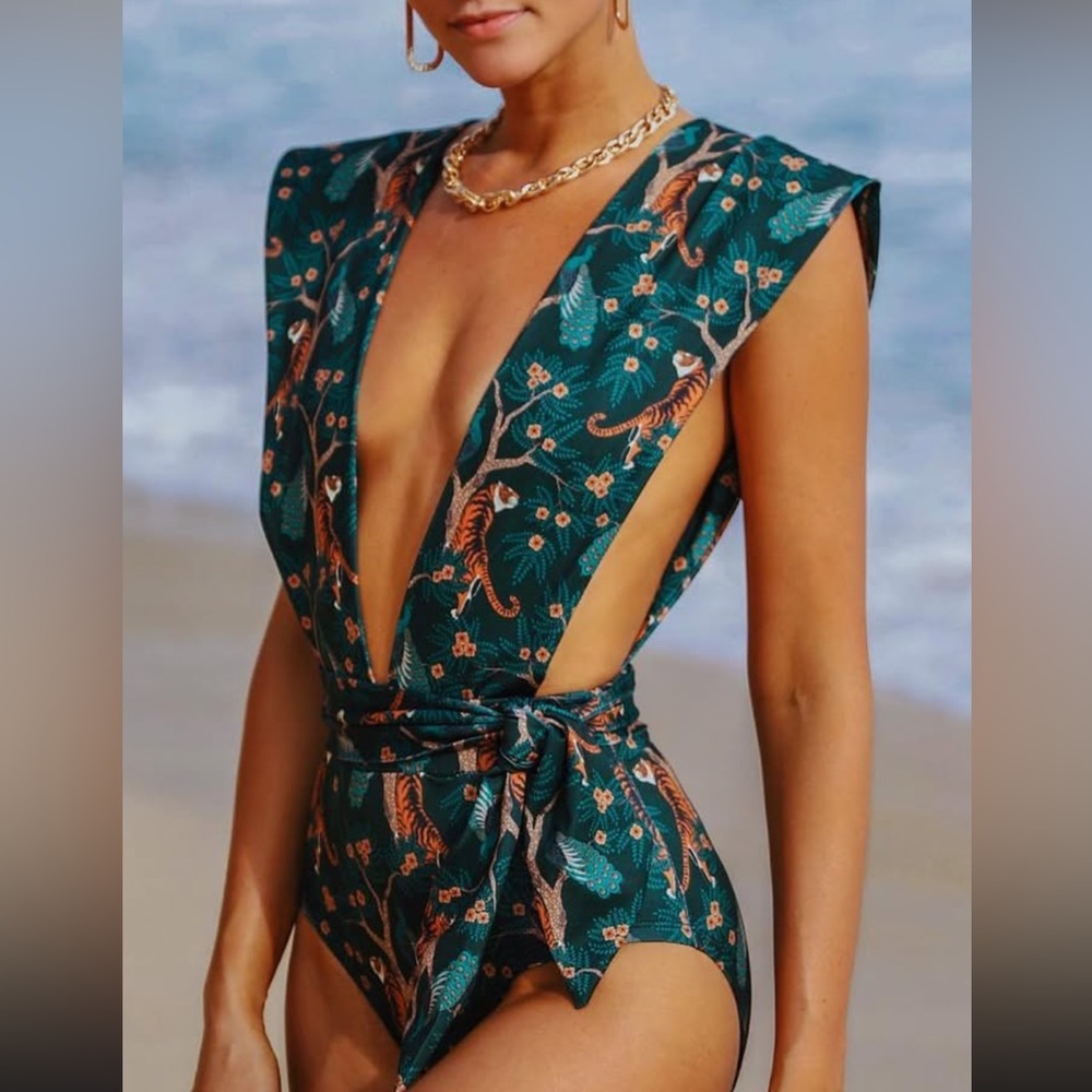 Elegant Deep V-Neck Floral One Piece Swimsuit